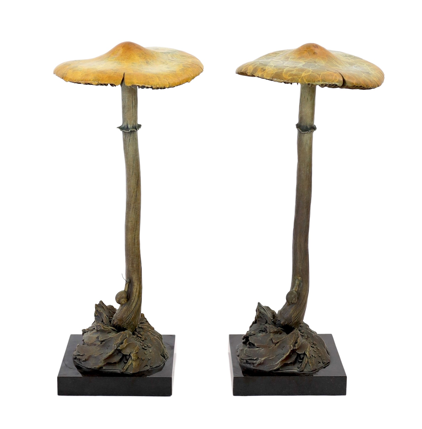 David Goode (British, b.1966). A pair of bronze Psathyrella mushrooms, height 71cm